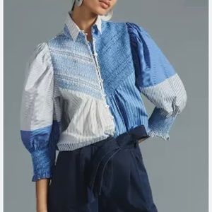 Lk New Hope for Flowers by Tracy Reese smocked multi blue patchwork shirt small